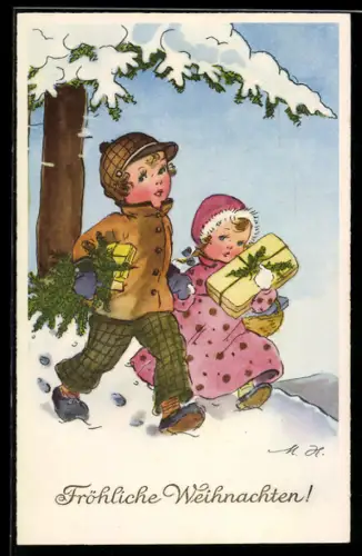 AK Zwei kleine Kinder bringen Geschenke, Weihnachten