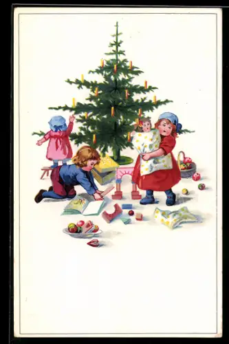 AK Kinder mit Geschenken am Weihnachtsbaum