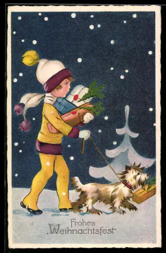 AK Kind mit Hund bringt Geschenke, Weihnachten