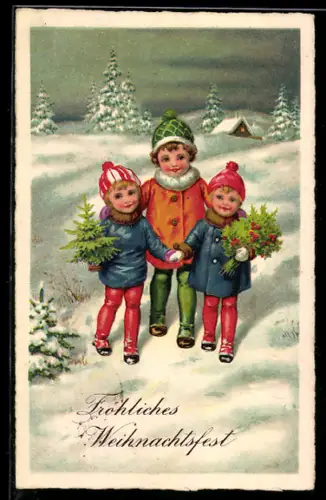 AK Drei Kinder mit Tannenbaum und Stechpalmenzweigen im Schnee, Weihnachten
