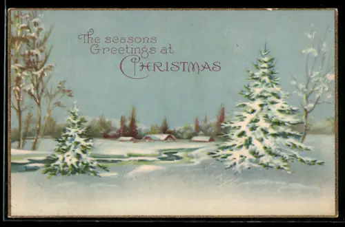 AK Weihnachten, Verschneite Tannen mit Blick zum winterlichen Ort