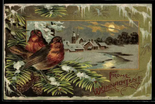 Präge-AK Zwei Vögel auf verschneiten Tannenzweigen, Weihnachten