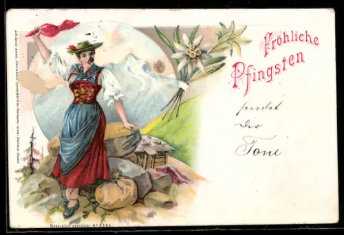 AK Fröhliche Pfingsten, Junge Dame beim Bergsteigen