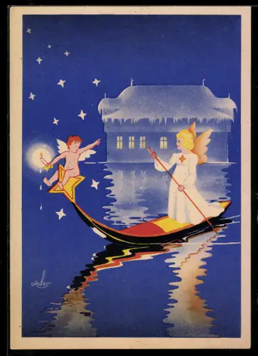 AK Konstanz, Weihnachtsmarkt, Engel im Ruderboot