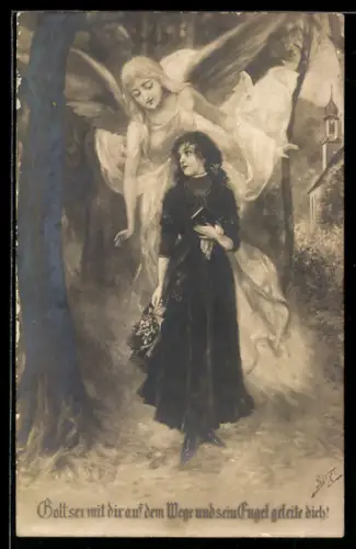 AK Schutzengel begleitet junge Frau auf Weg durch Wald