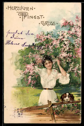AK Herzlicher Pfingstgruss, Mädchen unter einem blühenden Baum, Hund