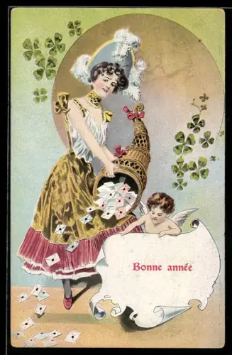 AK Junge Frau mit Füllhorn voller Briefe, Neujahrsgrüsse