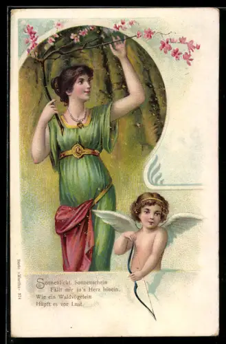 Künstler-AK Dame im grünen Kleid mit Amor