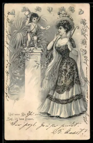 AK Amor mit Pfeil und Bogen zieht den Hut vor schick gekleideter Frau