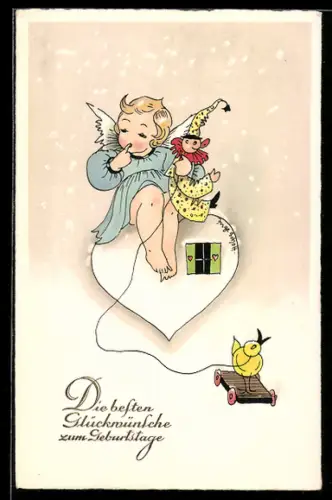 AK Engel sitzt auf weissem Herz, Geburtstagswünsche