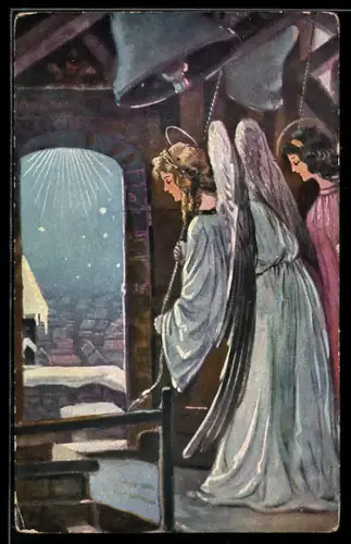 AK Weihnachtsengel läuten die Glocken in einer Ortschaft