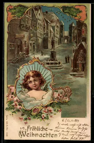 AK Strassenpartie in einer Kleinstadt mit Standbild, Weihnachtsengel