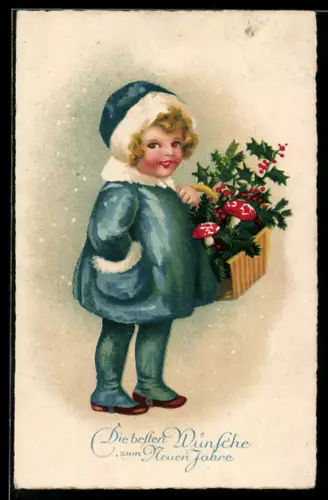 AK Kleines Mädchen mit Korb mit Stechpalmenzweigen und Pilzen, Neujahrswünsche
