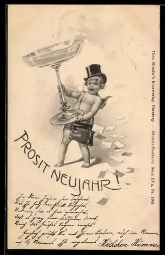Künstler-AK Theo Stroefer Nr. 1009: Prosit Neujahr, Amor mit einer Tasche voller Briefe u. einem riesigen Sektglas
