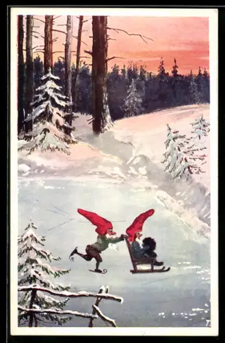 AK Zwerge laufen mit Schlittschuhen und Schlitten über das Eis