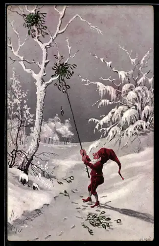 AK Zwerg holt Blätter im Winter vom Baum