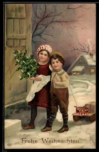 AK Fröhliche Weihnachten, Kinder mit Schlitten und Weihnachtsbaum im Schnee