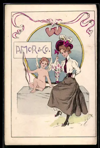 AK Elegant gekleidete junge Frau mit Amor