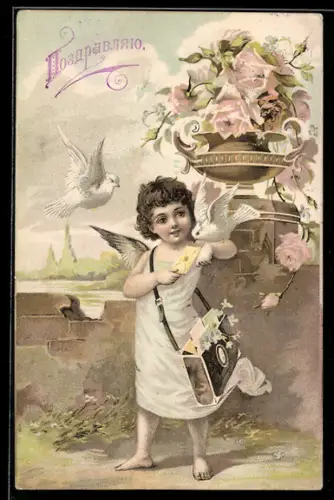 AK Engel mit Posttasche voller Briefe, weisse Tauben, Glückwünsche