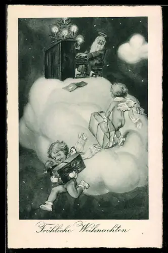 AK Weihnachtsengel mit Geschenken auf einer Wolke