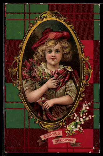 AK Mädchen in schottischer Kleidung im Medaillon, Weihnachtsgrüsse