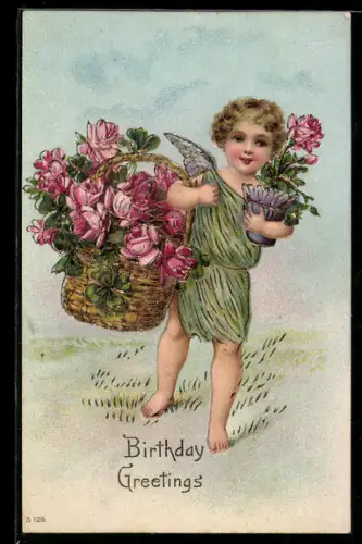 AK Kleiner Engel bringt Korb voller Blumen, Geburtstagswünsche