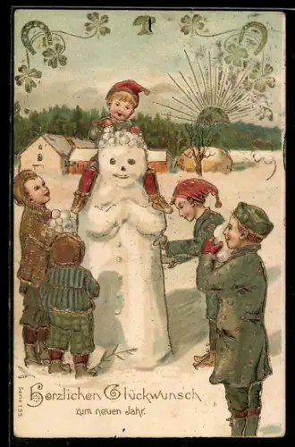 AK Kinder bauen einen Schneemann, Neujahrswünsche