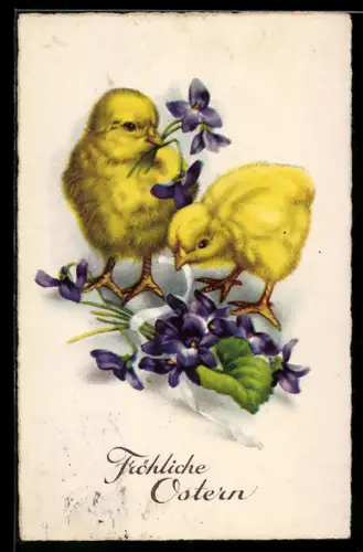 AK Osterküken mit Veilchenblüten im Schnabel, Ostergrüsse