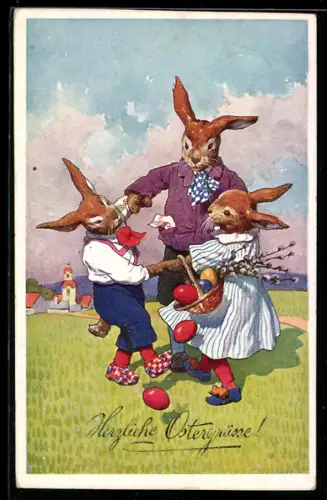AK Vermenschlichte Osterhasen tanzen im Kreis
