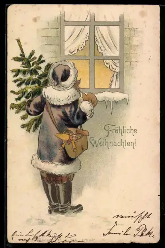 Lithographie Weihnachtsmann mit Tannenbaum am Fenster