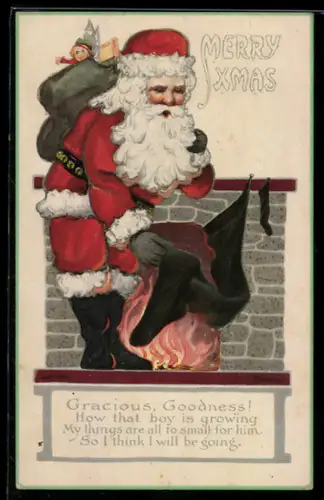 AK Weihnachtsmann steckt Geschenke in die Socken am Kamin