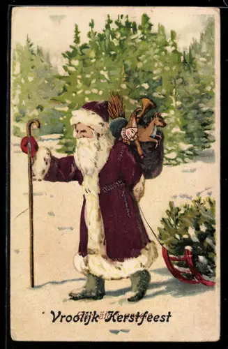AK Weihnachtsmann mit Geschenken im Korb und Tannenbaum auf dem Schlitten