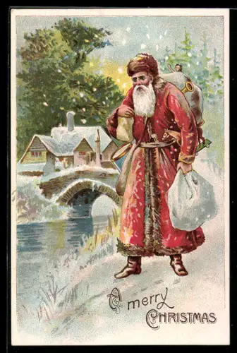 AK Weihnachtsmann im Schneetreiben nahe einem Dorf, Merry Christmas