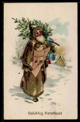 AK Weihnachtsmann bringt Geschenke und einen Tannenbaum