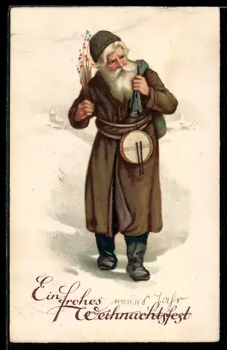 AK Weihnachtsmann im blauen Mantel trägt eine Trommel am Gürtel