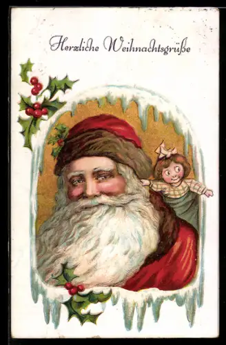 AK Weihnachtsmann mit kleiner Puppe, Weihnachtsgrüsse