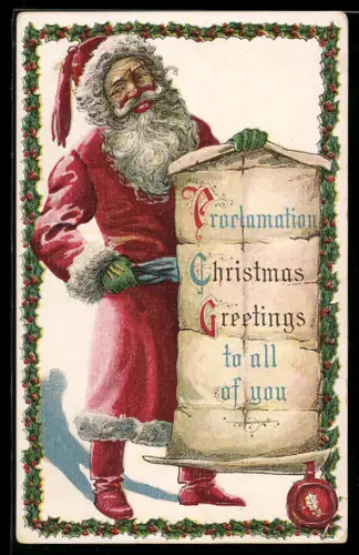 AK Weihnachtsmann zeigt Schriftrolle mit Weihnachtsgrüssen