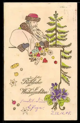 AK Weihnachtsmann lässt Geschenke aus seinem Sack rieseln, Weihnachtsgruss