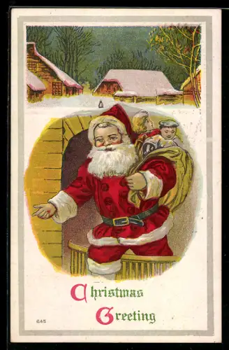 AK Weihnachtsmann mit Geschenkesack auf dem Rücken, Weihnachtsgrüsse