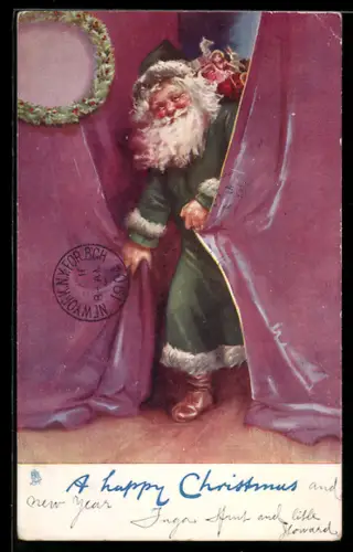 AK Weihnachtsmann versteckt sich hinter einem Vorhang