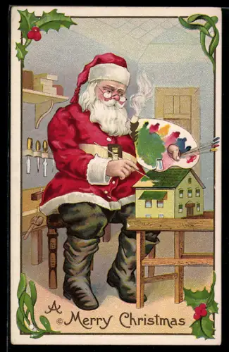 AK Weihnachtsmann bemalt ein Modellhaus, Merry Christmas