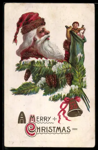 AK Weihnachtsmann füllt Geschenke in eine Socke, Tannenzweig