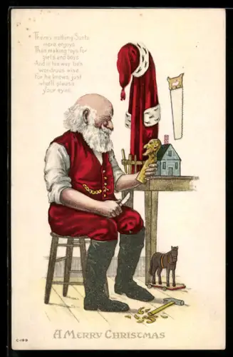 AK Weihnachtsmann in seiner Werkstatt schnitzt Figuren, Weihnachtsgrüsse