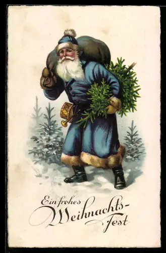 AK Weihnachtsmann mit Geschenkesack und Tannenbaum, Weihnachtsgrüsse