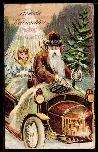 AK Fröhliche Weihnachten, Weihnachtsmann und Christkind in Automobil