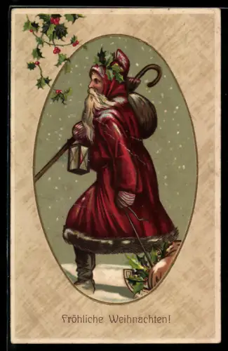 AK Weihnachtsmann mit Stab und Laterne zieht Schlitten mit Geschenken