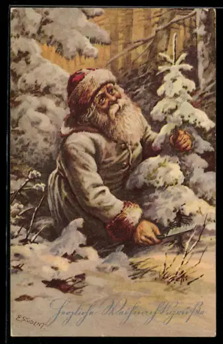 AK Weihnachtsmann sägt einen Tannenbaum im Wald ab