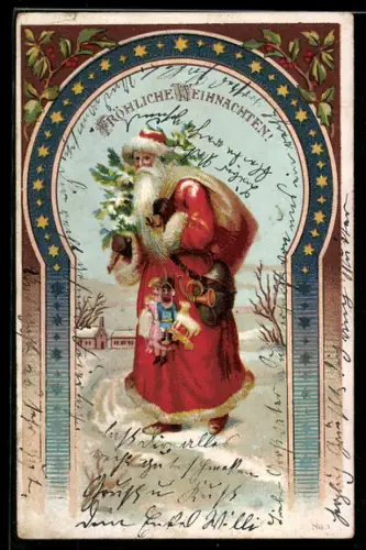 AK Voll bepackter Weihnachtsmann mit Geschenken im Schnee