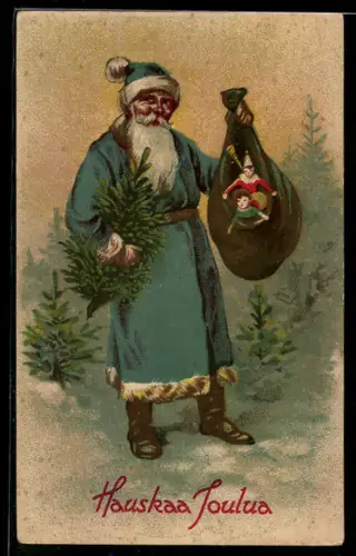 AK Weihnachtsmann mit Geschenkesack und Tannenbaum