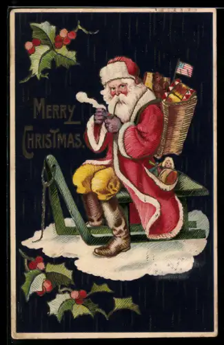 AK God Jul, Weihnachtsmann zündet sich eine Pfeife an